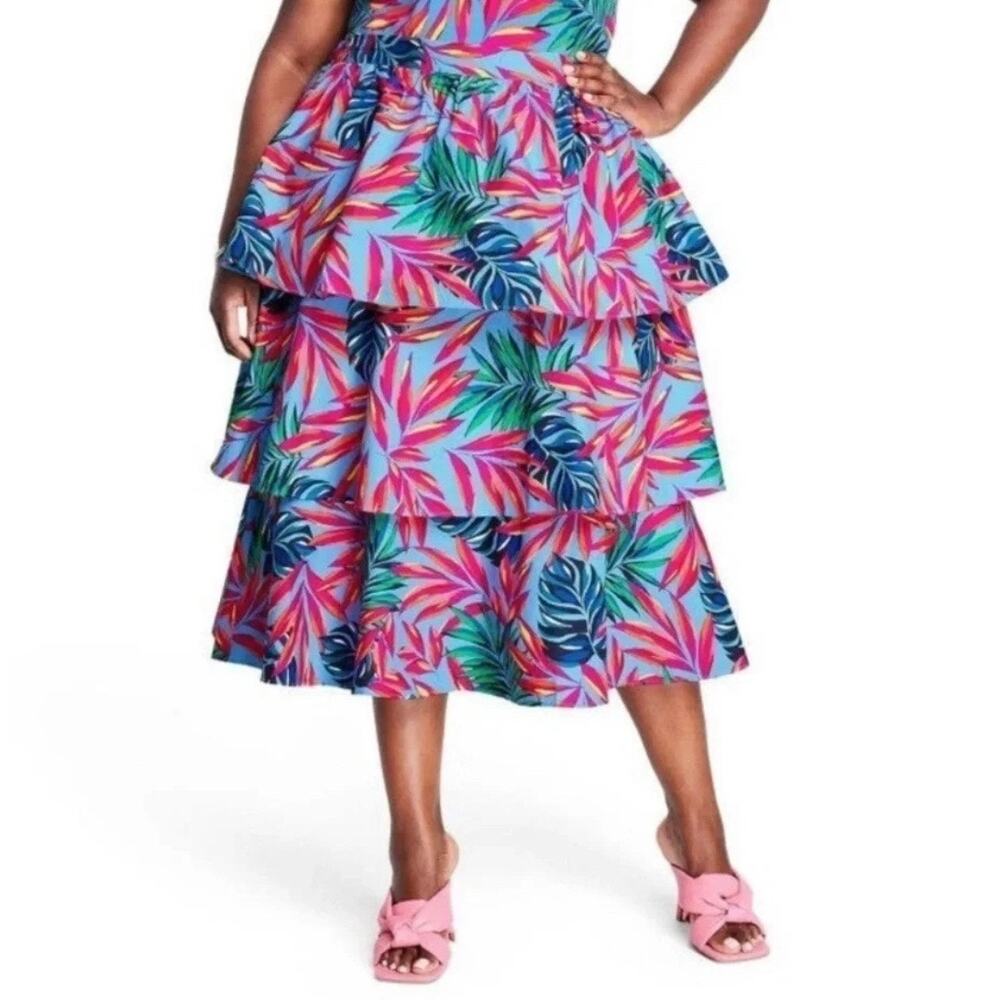 Tabitha Brown Skirt Womens 1X Midi Tropical Floral Tiered Resortwear Cruise